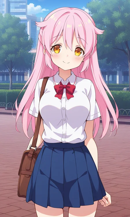 1girl, solo, mgyunishirakawa, pink hair, hair flaps, half updo, long hair, hair down, yellow eyes, white shirt, short sleeves, medium breasts, blue skirt, school uniform, outdoors, city, park, smile, shoulder bag, cowboy shot