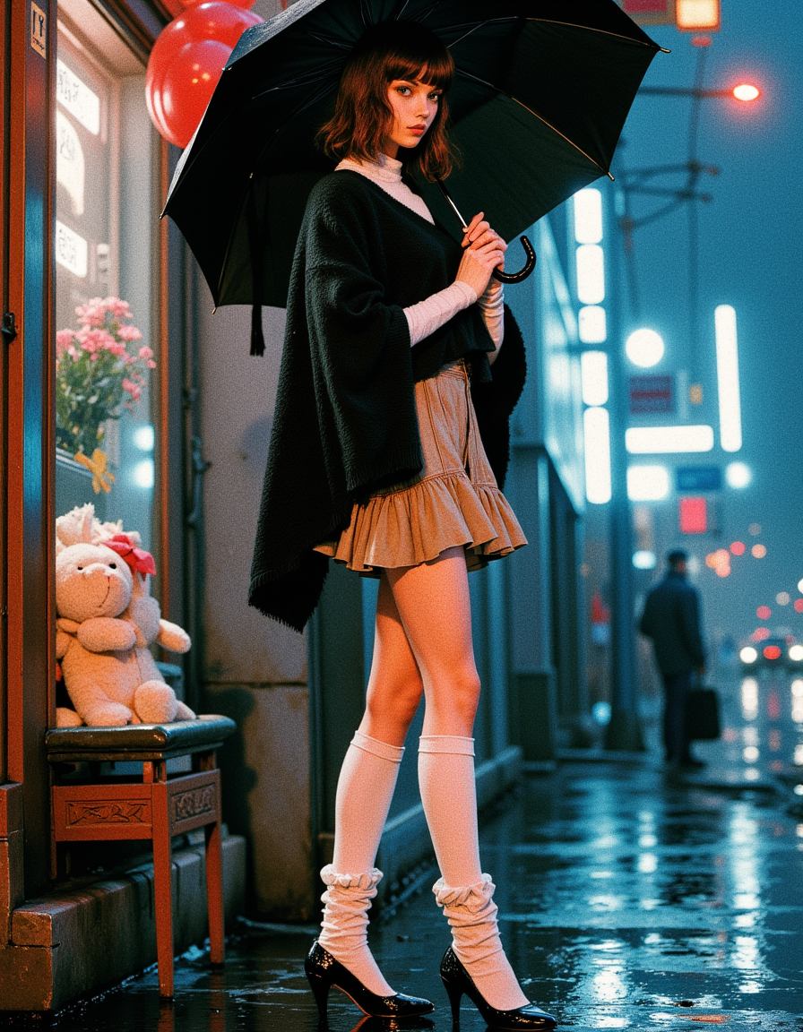  absolute masterpiece, best quality, ultra detailed), 1girl, short wavy brown hair, green eyes, full lips, large breasts, wearing a crop black wool poncho, beige ruffled micro skirt, white wool leg warmers, and black patent leather shoes, slim waist, wide hips, standing under a large black umbrella, waiting for the bus on the sidewalk, rainy day with heavy rain, wet ground, overcast sky, raindrops visible, gloomy atmosphere., , pastel colours, stuffed toys, doorway, caught, watched, voyeurism, night, dark, dimly lit, depth of field, 8k uhd, absurd res, volumetric lighting, tack sharp focus, beautiful composition, intricate detail, professional photography .  action pose, .. 
 graceful neck and shoulders, perfect body, (subsurface scattering:1.1), wide hips, Alabaster Skin, (glossy oiled skin:1.1), sharp focus, stark lighting, medium-format camera, art by Helmut Newton, fashion photography, high-contrast, dramatic lighting, striking composition, confident and empowered woman, strong and assertive pose, fashion, sensuality, high end clothing, luxury accessories,dynamic pose, bdsm props,,

igiex.  
. The background is minimalist, a gradient of shadowy blue tones, amplifying the ethereal and futuristic ambiance of the scene. The overall composition feels cinematic, blending high fashion with a science fiction aesthetic. . Exquisite cyberpunk. retroFuturism. . 
 (Depth of field), low saturation,detail. mythp0rt Stylish, charismatic.

(depth of field)
mythp0rt,
nigiex.  
