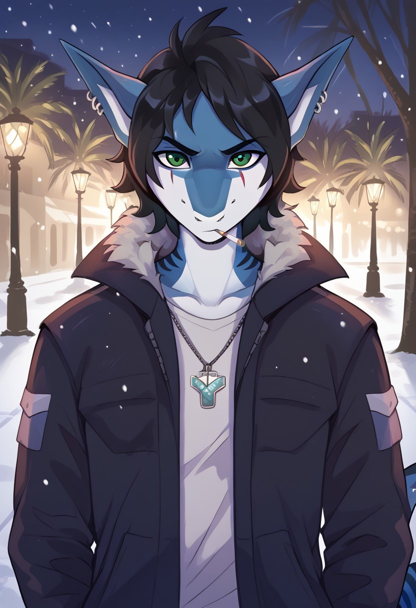 <lora:Scappo_Style_v2_PonyXL:0.8> by scappo, scappo,  score_9, score_8_up, score_7_up,1boy, lunarsunxl,  anthro shark,dark blue skin, stripes on the body, short hair,lush hair,black hair, green eyes, shark tail, scar on the fin, ear piercing, BREAK, looks at the viewer, confused, stretches out his hand to the viewer, open palm, shell pendant in the palm, cigarette in his mouth, lights a cigarette with a lighter, purple T-shirt, long black coat, background, park in winter, night, it's snowing