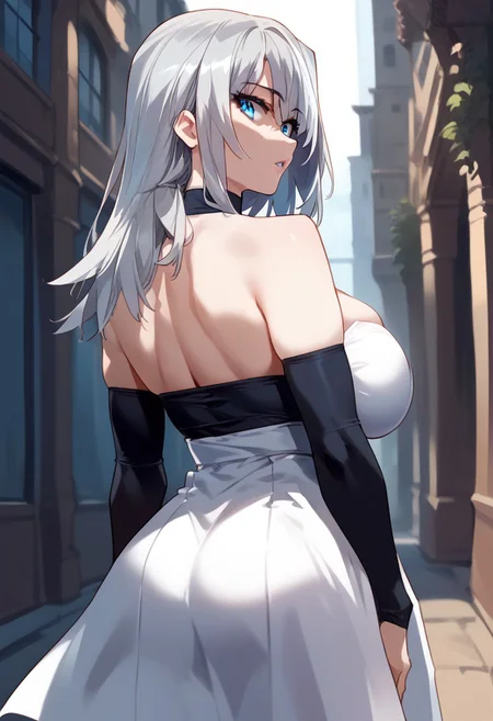 zPDXL3, score_9_up, score_8_up, score_7_up, (Anime_source), 1girl, Elsa, blue eyes, silver hair, long hair, Elsa clothes, cleavage, cowboy shot looking at viewer, looking back, parted lips, from behind,