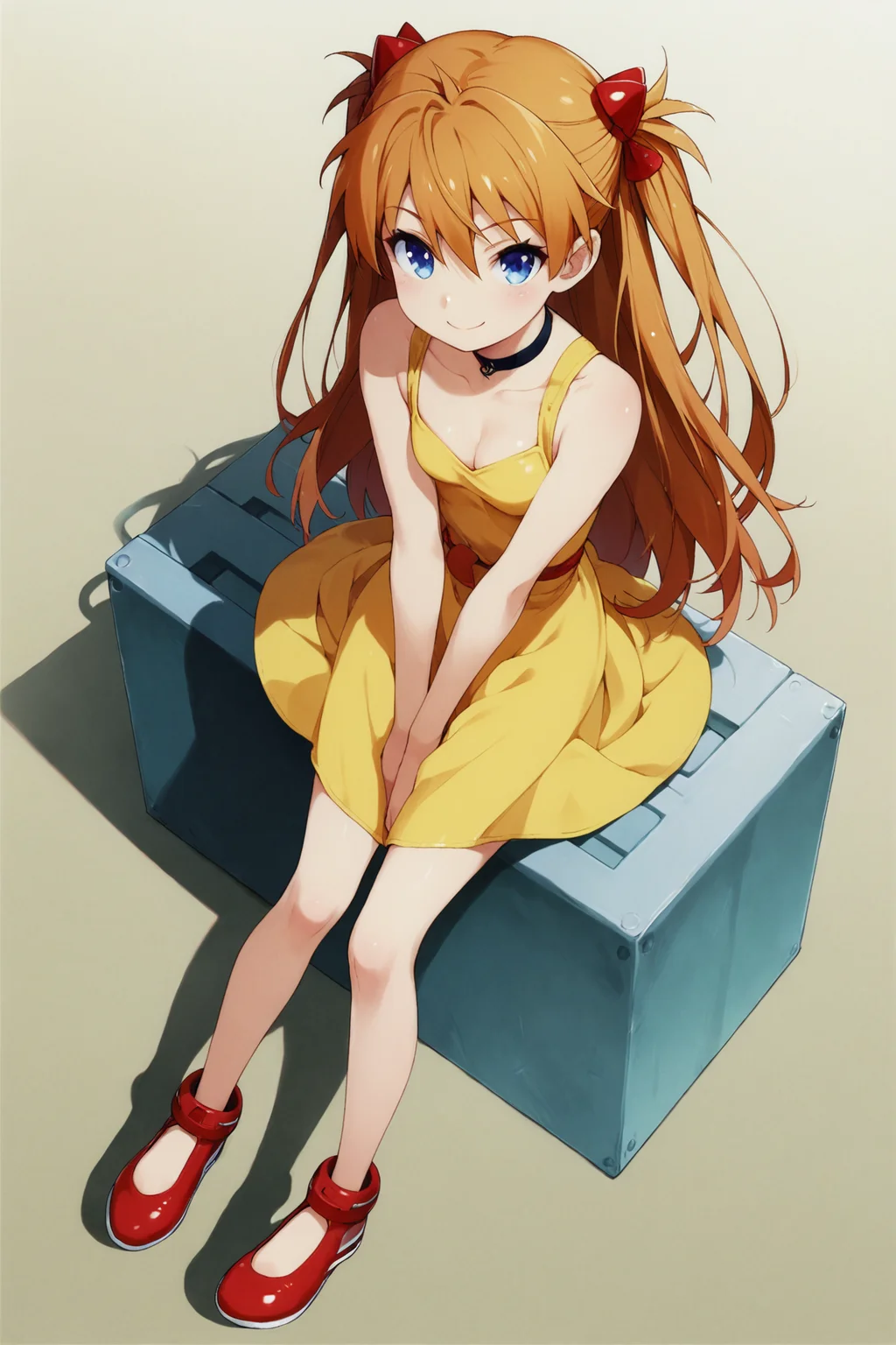 score_9,score_8_up,score_7_up,masterpiece,best quality,very aesthetic,absurdres,official art,official style,
1girl,souryuu asuka langley,yellow dress,dress,solo,shadow,long hair,blue eyes,breasts,gradient,orange hair,gradient background,smile,choker,sitting,shoes,bangs,full body,cleavage,looking at viewer,small breasts,bare shoulders,from above,two side up,yellow background,v arms,light smile,sleeveless,hair ornament,closed mouth,sleeveless dress,
<lora:Haga yui_XL_PONY:0.8>,