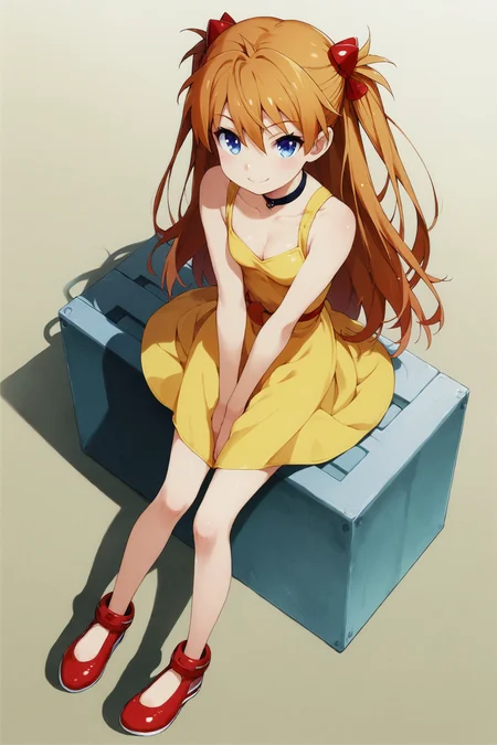 score_9,score_8_up,score_7_up,masterpiece,best quality,very aesthetic,absurdres,official art,official style,
1girl,souryuu asuka langley,yellow dress,dress,solo,shadow,long hair,blue eyes,breasts,gradient,orange hair,gradient background,smile,choker,sitting,shoes,bangs,full body,cleavage,looking at viewer,small breasts,bare shoulders,from above,two side up,yellow background,v arms,light smile,sleeveless,hair ornament,closed mouth,sleeveless dress,
<lora:Haga yui_XL_PONY:0.8>,
