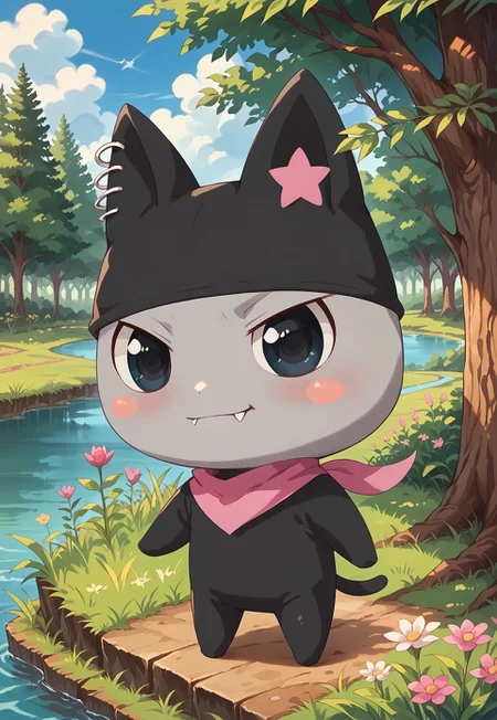 safe_pos, score_9_up, score_8_up, score_7_up, score_6_up, (detailed art style, shiny skin, detailed eyes) (chibi) 1boy, Kuromametchi, grey skin, black cat ears, pink star ear marking, big eyes, black eyes, blush, blush stickers, cute little fang, ear piercings, black bodysuit, pink bandana, (detailed scenery, detailed background : 1.1), outside, afternoon, verdant park, marsh, (verdant greenery, trees, lush bushes, grass, grassy lawn, wildflowers, water, lake)