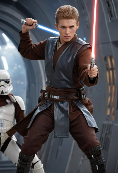 (three-quarter view:1.5) (close-up:0.5) shot of <lora:Anakin_Padawan_Jedi:0.8> Anakin Padawan Jedi is wearing a jedi outfit and holding lightsaber, (((dynamic action pose))), (((engaged in battle with stormtroopers))), 8k uhd, dslr, soft lighting, high quality, background of black sci-fi spaceship corridor, intricate details, masterpiece, trending on artstation, realistic, Cinematic, epic, action packed, incredibly detailed and realistic, magnificent, vignette, high budget, bokeh, moody, sharp, highly detailed, concept art, realistic hands, dynamic pose, dynamic shotfantastic location, majestic cluttered environment, 8k unity render, action shot, skin pores, detailed, detailed face, (vibrant, photorealistic, realistic, dramatic, dark, sharp focus, 8k), (weathered damaged old worn leather outfit:1.5), (intricate:1.5), (highly detailed:1.4), octane render, sharp focus, art by artgerm, (loish:0.23) , wlop ilya kuvshinov, and greg rutkowski and alphonse mucha gracias, (global illumination, studio light, volumetric light),  <lora:Perfect Hands:0.8> Perfect Hands