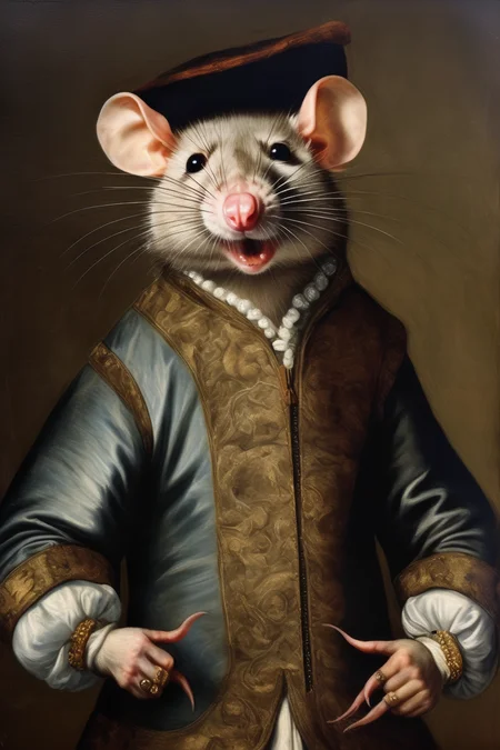 <lora:Sofonisba Anguissola Style:1>Sofonisba Anguissola Style - 17th century fine art piece of a giant rat wearing hip hop atire