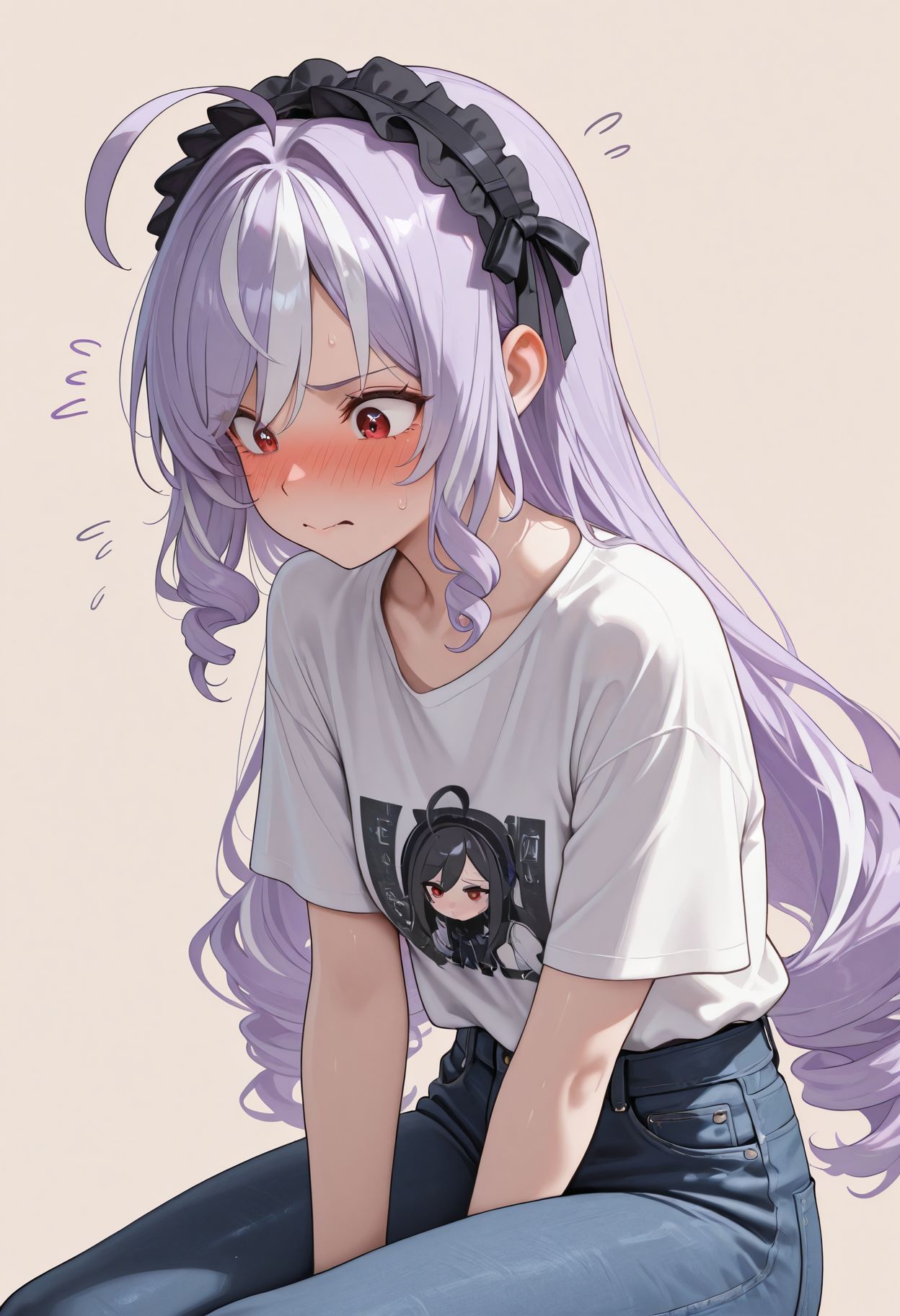 masterpiece,best quality,amazing quality, absurdres, <lora:vivian_zzz_ilxl_goofy:1> vivianZzz,red eyes,ahoge,streaked hair,black hairband,frilled hairband,  hair bow, flustered ,T-Shirt, Jeans, Plain Color Background, figure four sitting