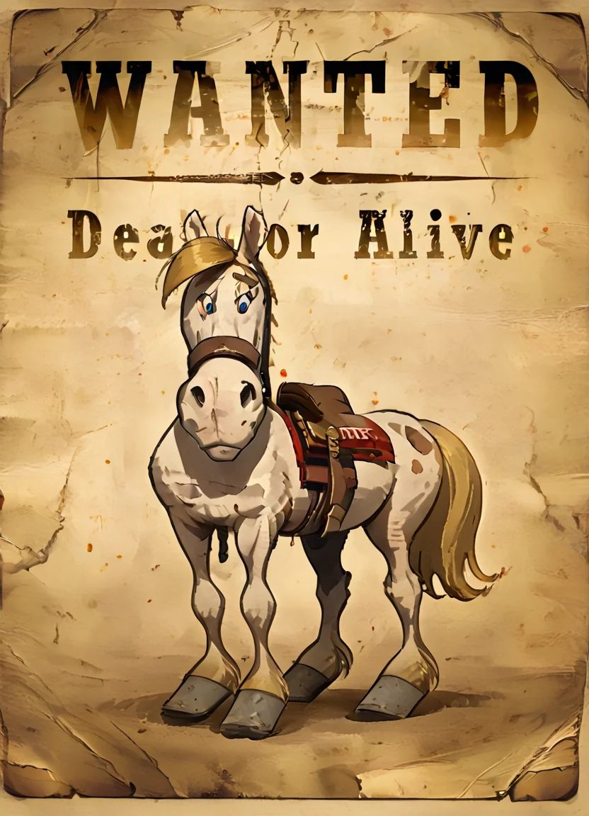wantedposter of  ((jollyjumper, animal)), white horse, blonde mane, 
 <lora:Wanted-Poster:0.85>  <lora:LuckyLukePony:0.8>