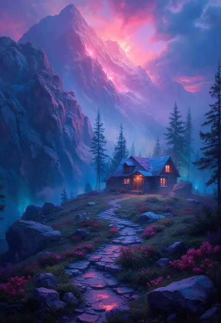 A lone cabin in the Blue Mist Mountain, vibrant glow