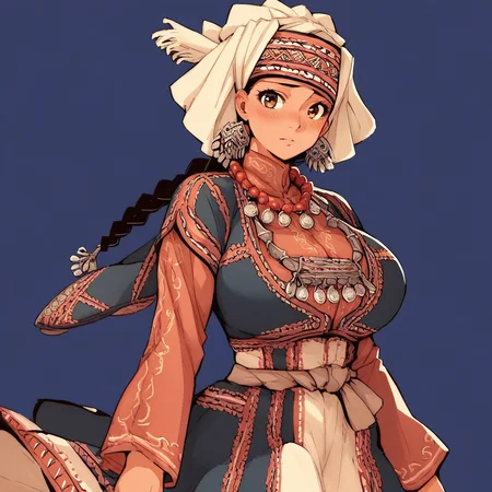 Source_anime, ((score_9)),score_8_up,score_7_up,score_6_up,score_5_up,score_4_up, solo, (4M1RH4LG4LV1:1.2), 4M1RH4LG4LV1, 1girl, black hair, braid, single braid, brown eyes, dress, bead necklace, beads, coin (ornament), headscarf, jewelry, traditional clothes, adult female, tan, huge breasts, big ass, curvy, skinny, thick thighs, tall, fit, blushing, blue background background, red theme