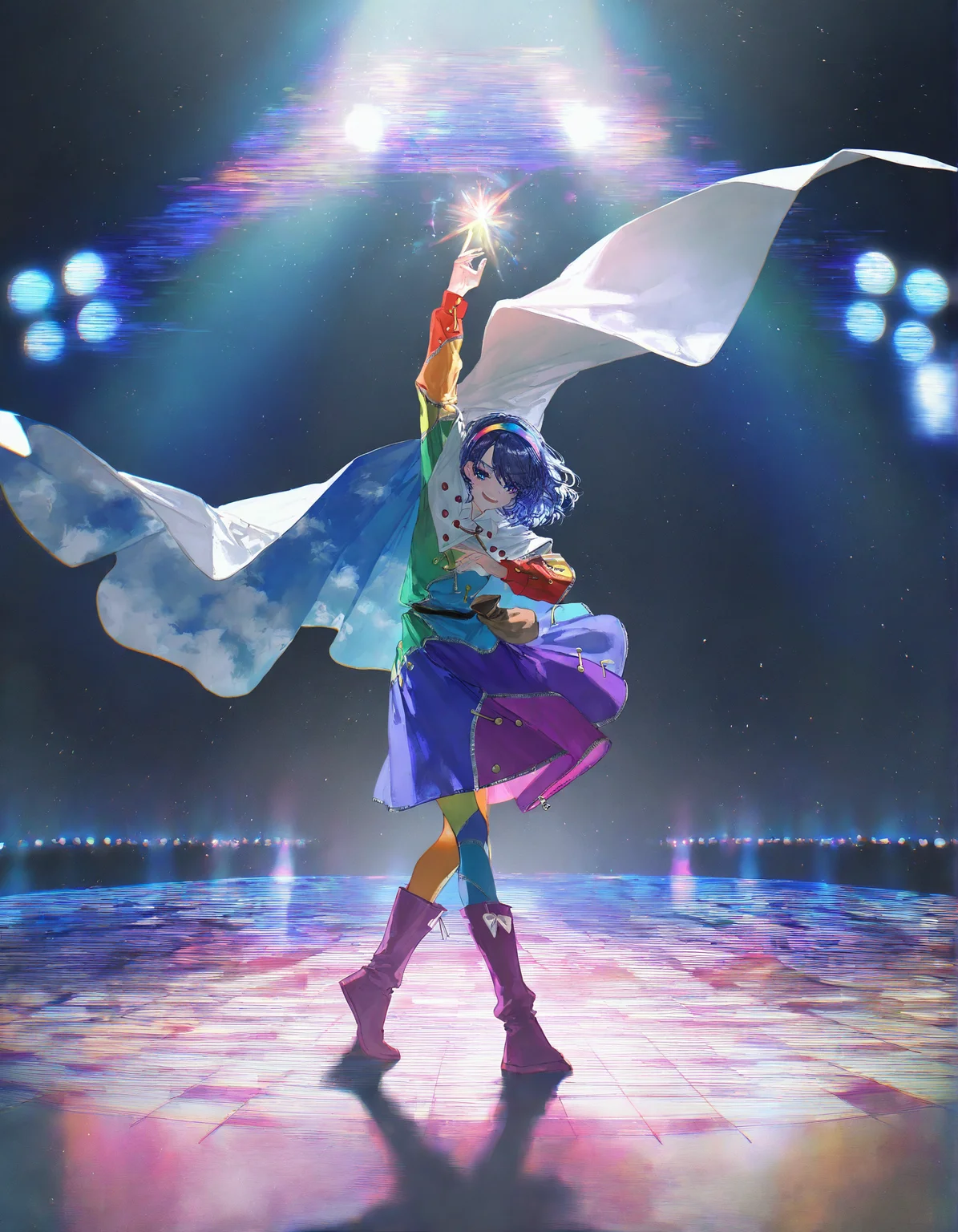 tenkyuu_chimata, 1girl ,rella, quasarcake:0.7, rolua, optical illusion, negative space, saturday_night_fever,blue_hair, breasts, cape, hairband , looking_at_viewer ,multicolored_hairband, pantyhose, purple_eyes ,short_hair ,smile, solo, sweat ,white_cape, disc,  disco,CDs,  dance_floor, dancing,wide shot,
<lora:illustrious_noobai_epsilon_pred_1_best_quality_v1:0.7> ,<lora:illustrious_noobai_epsilon_pred_1_masterpieces_v1:0.7>, <lora:ponyv4_noob1_2_adamW:0.5>, <lora:add_details_xl:0.7>, <lora:CDs_SDXL:1>,
masterpiece, best quality, amazing quality, very aesthetic, absurdres, newest,