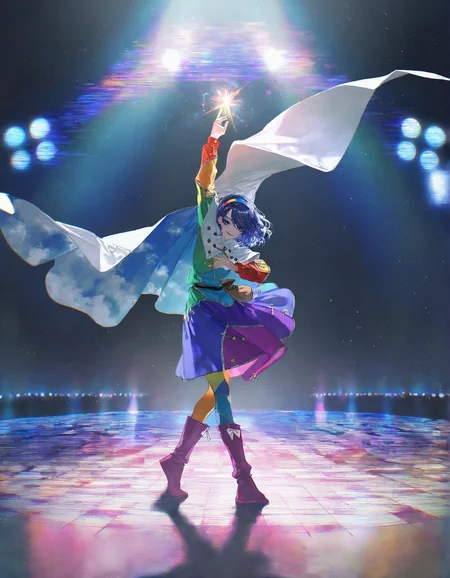 tenkyuu_chimata, 1girl ,rella, quasarcake:0.7, rolua, optical illusion, negative space, saturday_night_fever,blue_hair, breasts, cape, hairband , looking_at_viewer ,multicolored_hairband, pantyhose, purple_eyes ,short_hair ,smile, solo, sweat ,white_cape, disc, disco,CDs, dance_floor, dancing,wide shot,
<lora:illustrious_noobai_epsilon_pred_1_best_quality_v1:0.7> ,<lora:illustrious_noobai_epsilon_pred_1_masterpieces_v1:0.7>, <lora:ponyv4_noob1_2_adamW:0.5>, <lora:add_details_xl:0.7>, <lora:CDs_SDXL:1>,
masterpiece, best quality, amazing quality, very aesthetic, absurdres, newest,