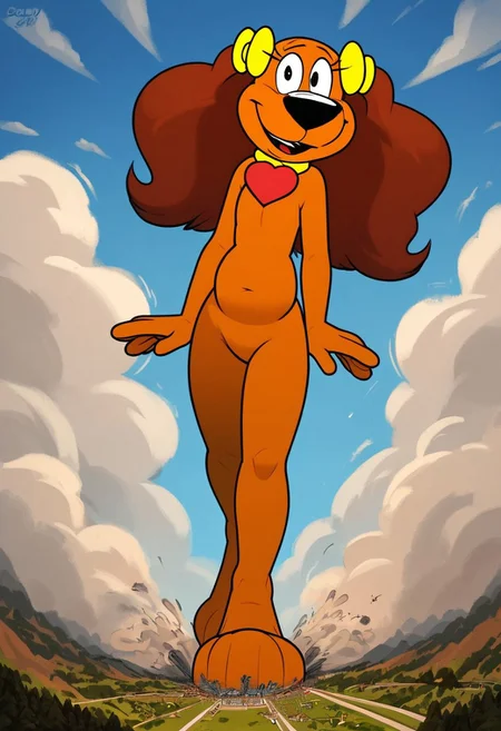 score_9, score_8_up, score_7_up, score_6_up, solo focus, 1girl, larger body, (Cróquete Spaniel, Gui & Estopa), long ears, (brown orange fur)), ((anthro, anthro dog, dog body)), (black eyes), Perfect paws, 1female, (source_furry), dog girl, dog ear, Brown ears, yellow bows, yellow collar, heart tag, heart shaped tag, full body, solo, black nose, anthro, detailed fur, slightly chubby, detailed eyes, low angle view, ((macro)), ((giantess)), outdoors, ((sunshine)), ((sunny day)), ((bright light)), in the city, (shrunken city :1.3), (shrunken cityscape:1.2), micro cityscape, full detailed city, destruction, mass destruction, full body, perfect face, focus on furry, happy face, (sexy perfect face), looking at viewer, sexy, highly detailed, Expressiveh, perfect eyes, big feet, landscape, orgasm face, blue sky, daytime, standing, walking, eyelash