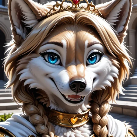 anthro, female wolf, voluptuous figure, tufted fur, tufted ears, fluffy wolf tail, narrowed eyes, blond hair, golden fur, blue eyes, canine teeth, solo, golden choker, medium breasts, valentine theme, arch background, glowing knight armor, golden tiara, seductive smile, twin braid, white cape, F.M PDXL, rostran style, whtfx, soft body fur, sunlight, close-up,