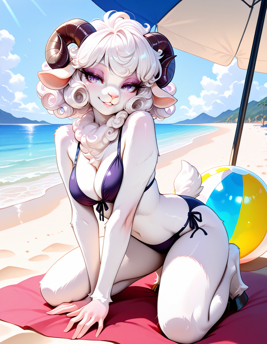 masterpiece, best quality, very aesthetic, absurdres,
outdoors, beach, beachball, beach umbrella, 
swimsuit, 
full body, posing, 
seductive smile, parted lips, long eyelashes,
<lora:Dolly_v02_NAIXL:1>
Dolly,1girl, solo, furry female, sheep girl, sheep ears, horns, short curly hair, white hair, purple eyes, horizontal pupils, animal nose, body fur, white fur, short tail, hooves,