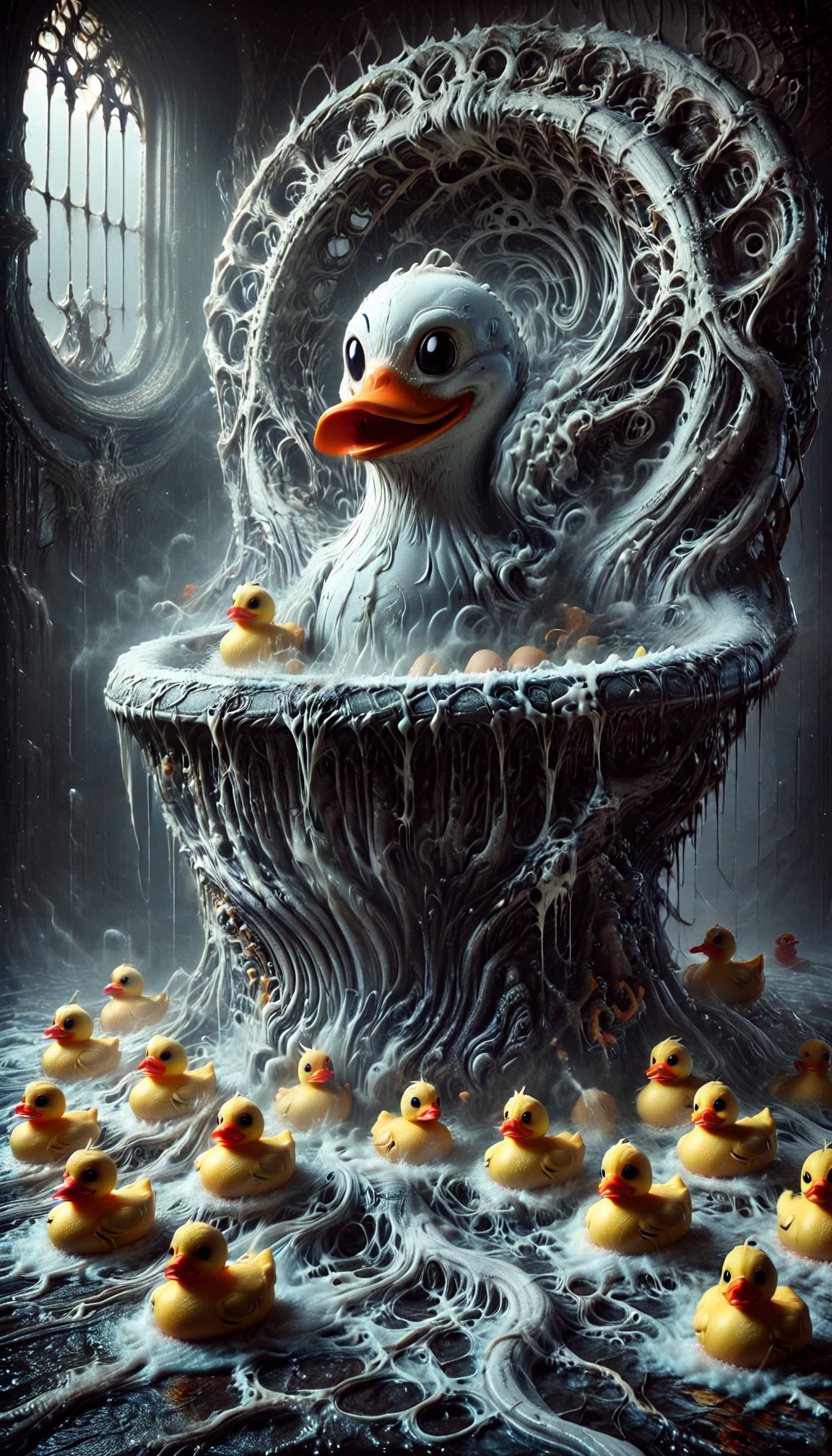 score_9, score_8_up, score_7_up, score_6_up, score_5_up, score_4_up, rubber duck in the bathtub filled with foam, rubber duck, bathtub, foam, BiomechGothic, surreal organic design, gothic horror