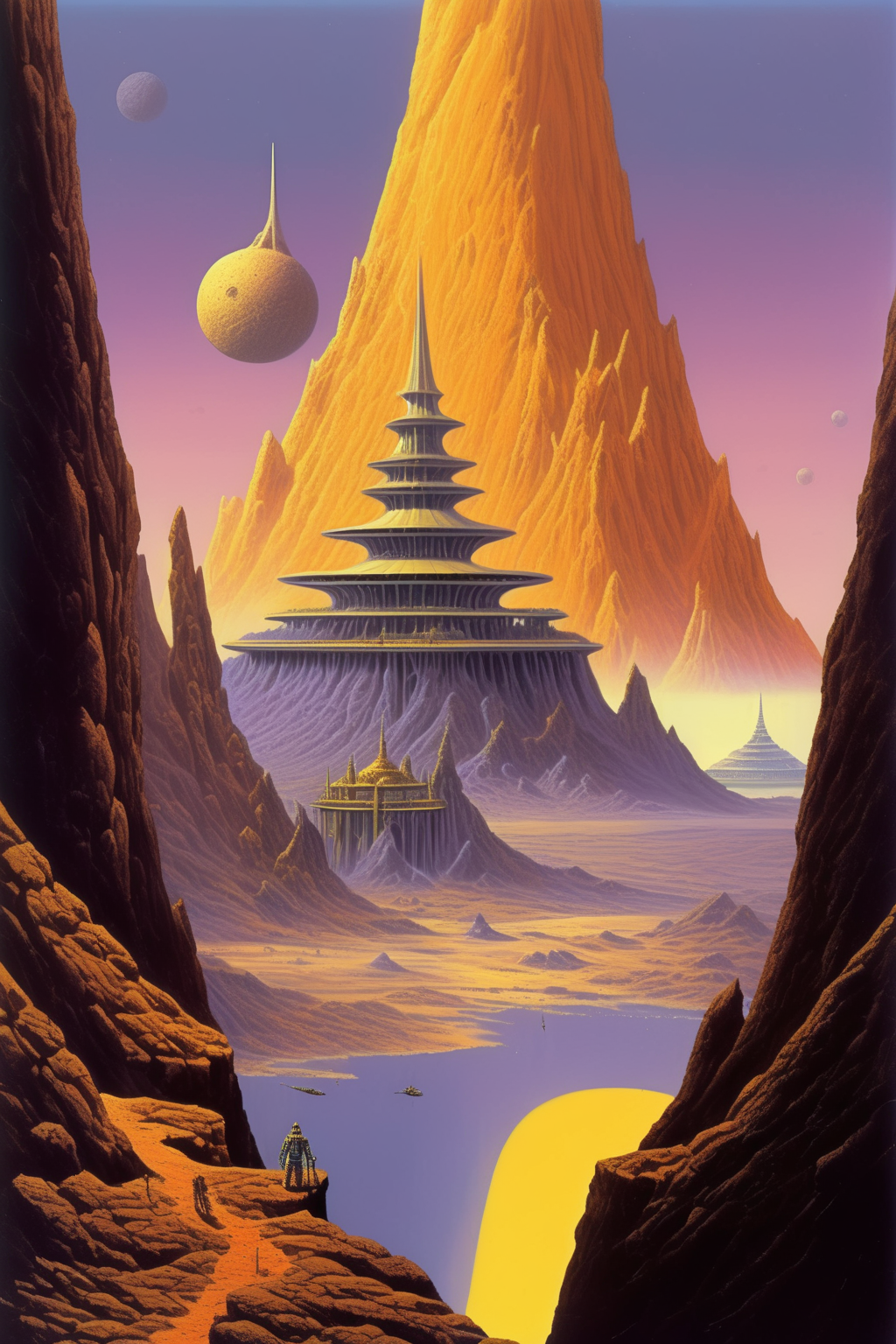 <lora:Angus McKie Style:1>Angus McKie Style - vintage sci-fi illustration of a vast volcanic landscape with a golden temple, in the style of Michael Whelan