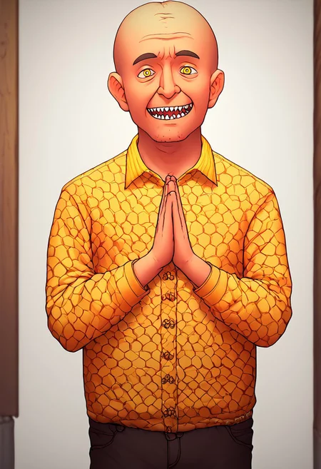 (score_9, score_8_up, score_7_up). (line work, excellent drawing, highest quality, extremely detailed:1.2). ((solo)), male_focus, 1man, old man, very fat, long sleeves shirt, pants, pale skin, happy face, big head, sharp teeth, skinny, short, fat, buzz cut hair, criminal, cheap suit, big yellow eyes, weird eyes, bug-eyed, hands up together to pray, shrine pray, praying, shrine praying, ((shrunken head)), g0thicPXL, depth of field, white background,