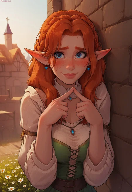 safe_pos, (score_9, score_8_up, score_7_up, score_6_up, score_5_up, score_4_up), source_cartoon, 1girl, sexy, pose, dynamic angle, sexy, elf mage, blue eyes, french braids, ginger hair, earrings, freckles, body freckles, detailed face, hourglass body, embarrassed face, <lora:fidgeting-index-fingers-together-ponyxl-lora-nochekaiser:1>, fidgeting index fingers together, index fingers together, looking at viewer, fidgeting, blush, dutch angle, upper body, dress, nervous smile, hearts, outside, medieval town in the background
