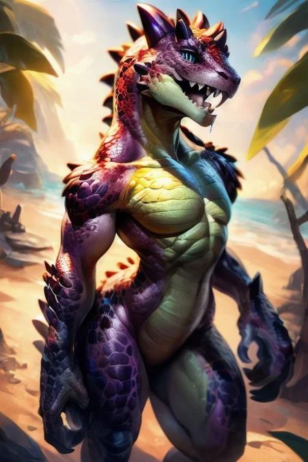 scalie, anthro, ((female)), ((kobold:1.3)), detailed pink scales, detailed scales, intricate scales, ((small breasts)), ((nude)), (detailed face), (detailed eyes:2), (big eyes:0.5), claws, open mouth, grin, (fangs:1.3), cute, young, muscular, athletic, elegant, beautiful, claws, (slit pupils), bright eyes, expressive eyes, (chubby:0.4), (plump:0.4), smiling, happy,  
((((head with thick long feathers)))), ((feathered arms, feathered legs)) covered in feathers, 
sexy pose, dancing,
(saliva), (drooling:0.5),
<lora:dragon:0.1>,
<lora:addmoredetails:0.1>,
<lora:Velociraptor_Dino:0.1>,
<lora:deathclaw:0.1>,
<lora:azt3ch:0.1>,
<lora:FurryCore:0.6>
<Lora:sailor_moon:0.2>
by darkgem, by thesecretcave, by silverfox5213, , 
noon, sunlight, 
on a beach, 
(ambient light on the body),
Ray tracing, dutch angle, concept art, highly detailed, (hi res), ((masterpiece)), ((best quality)) masterpiece, best quality, masterpiece, best quality, cinematic composition, (masterpiece, best quality, ultra realistic, 4k, (high detail:1.3), sharp focus,