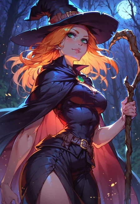 score_9, score_8_up, score_7_up, 1girl, witch, hat, waist belt. cape, staff, ginger hair, green eyes, wide hips, forest, night, darkness, moonlight, darkness, depth of field, cowboy shot, posing, angle