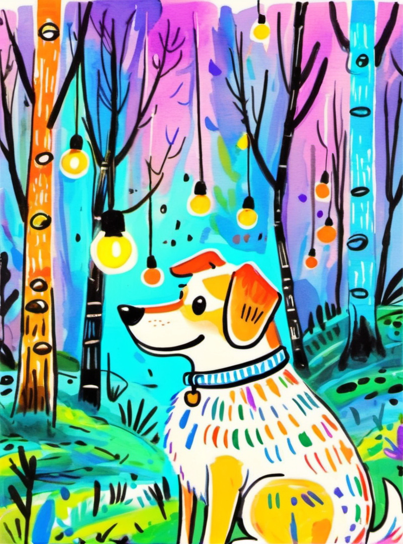 <lora:æ½è±¡-000016:0.8>,cartoon,illustrated,colorful,whimsical,forest,lights,vibrant colors,art,dog,