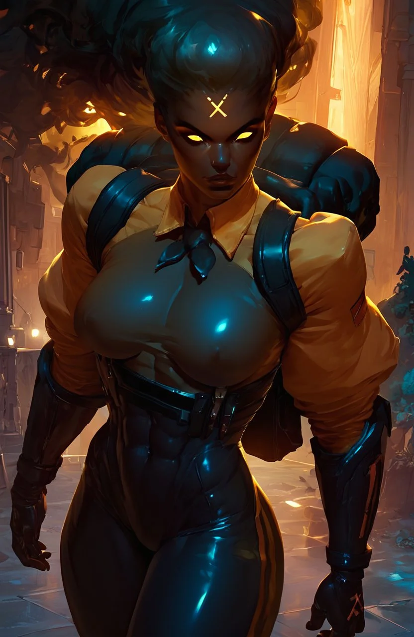 score_9, score_8_up, score_7_up,
beautiful muscular haze_dl, 1girl, sexy, yellow eyes, glowing, dark skin, glowing eyes, bodysuit, female focus, 
<lora:cutesexyronutts_style_xl:0.8> <lora:Fant5yP0ny:0.5> <lora:Haze:0.9>
