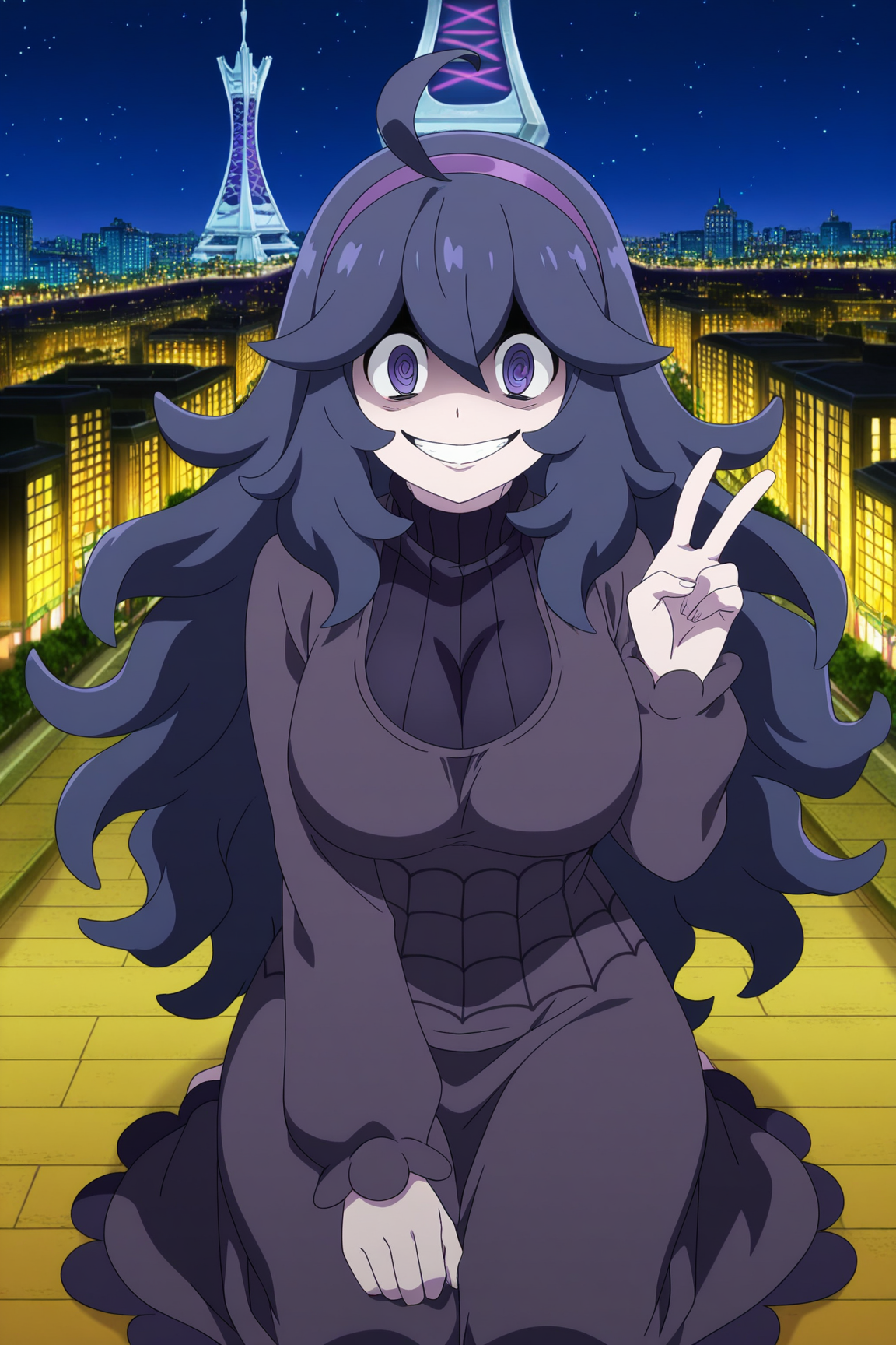 anime, animification, anime screencap, anime coloring, vivid colors, depth of field, high quality, highres, lumiose city, 1girl, hex maniac \(pokemon\), 1girl, solo, long hair, dress, breasts, purple hair, @_@, ahoge, smile, messy hair, purple eyes, large breasts, sitting, v, alternate breast size, hairband, sweater, looking at viewer, purple hairband, seiza, ribbed sweater, grin, sky, night, city lights, tower, prism tower, star \(sky\), building, scenery, city, road, street
 <lora:Lumiose_city-10:1> 