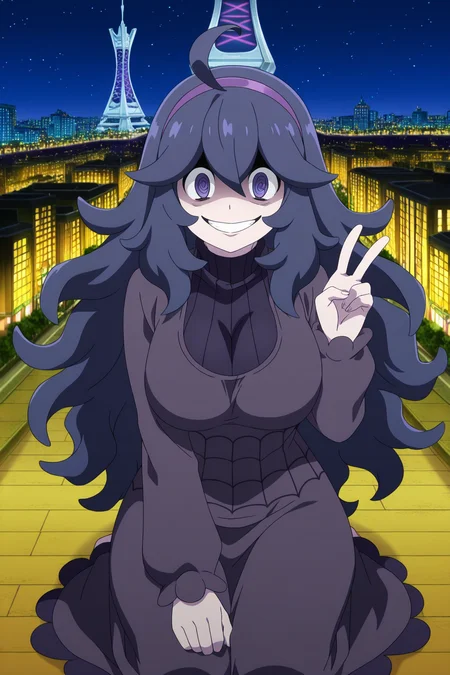 anime, animification, anime screencap, anime coloring, vivid colors, depth of field, high quality, highres, lumiose city, 1girl, hex maniac \(pokemon\), 1girl, solo, long hair, dress, breasts, purple hair, @_@, ahoge, smile, messy hair, purple eyes, large breasts, sitting, v, alternate breast size, hairband, sweater, looking at viewer, purple hairband, seiza, ribbed sweater, grin, sky, night, city lights, tower, prism tower, star \(sky\), building, scenery, city, road, street
<lora:Lumiose_city-10:1>