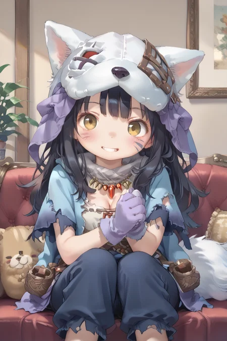score_9, score_8_up, score_7_up, score_6_up, source_anime, BREAK, <lora:FlunkyPonyXL:0.8> , fludef, 1girl, black hair, (blue facial mark), long hair, yellow eyes, wolf hat, wolf hood, wolf pelt, wolf tail, grey scarf, bandana around neck, necklace, tooth necklace, fur trim, blue vest, torn clothes, paw gloves, solo, looking at viewer, smile, mascara, red eyeliner, blush, <lora:backgroundsetXL:0.3> , background, interior, great hall, lora:m4gXLP:0.4> , m4g, cleavage cutout, thick thighs, sitting on sofa,