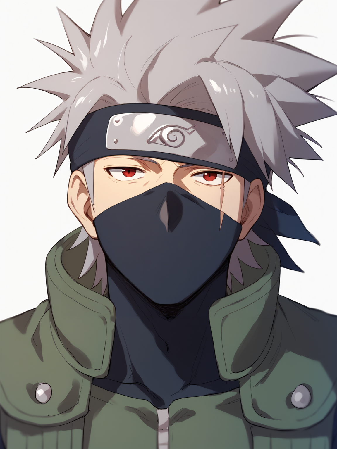 score_9, score_8_up, score_7_up, BREAK, source_anime,
1boy, kakashi, grey hair, covered mouth, red eye, scar across eye, forehead protector, konohagakure symbol, mature,  green vest,
upper body, looking at viewer, solo, simple background, white background   <lora:KakashiXLf:1>
