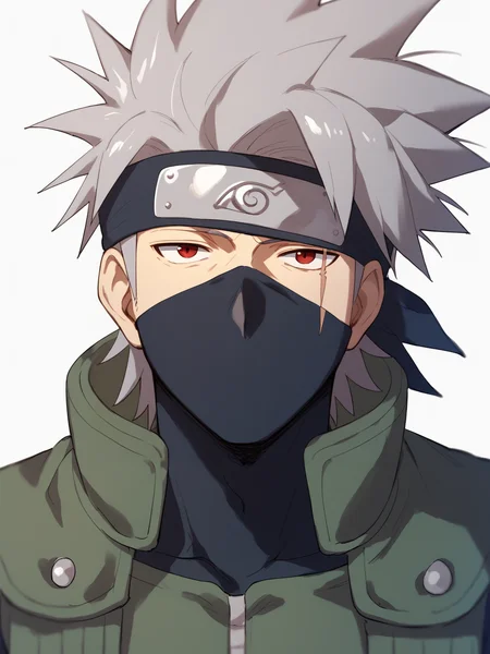 score_9, score_8_up, score_7_up, BREAK, source_anime,
1boy, kakashi, grey hair, covered mouth, red eye, scar across eye, forehead protector, konohagakure symbol, mature, green vest,
upper body, looking at viewer, solo, simple background, white background <lora:KakashiXLf:1>