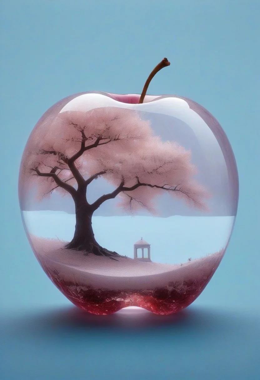 beautiful cherry blossom winter summer and spring fantasy world inside of a crystal apple, hyperdetailed double exposure fantasy illustration, masterpiece, cinematic, by Andreas Lie, Luke Gram, photorealism, backlit, gorgeous light, bioluminescent