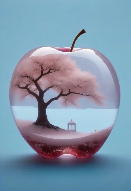 beautiful cherry blossom winter summer and spring fantasy world inside of a crystal apple, hyperdetailed double exposure fantasy illustration, masterpiece, cinematic, by Andreas Lie, Luke Gram, photorealism, backlit, gorgeous light, bioluminescent