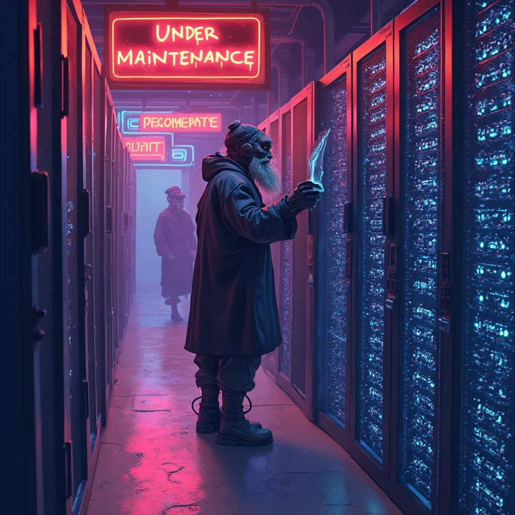 Vibrant neon art depicting a server room with an askew ‘Under Maintenance: Please wait’ sign, a golem in a tehcnicians outfit is working on the servers while a rabbi in full traditional garb behind him is working on the golem.