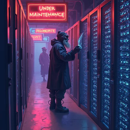 Vibrant neon art depicting a server room with an askew ‘Under Maintenance: Please wait’ sign, a golem in a tehcnicians outfit is working on the servers while a rabbi in full traditional garb behind him is working on the golem.