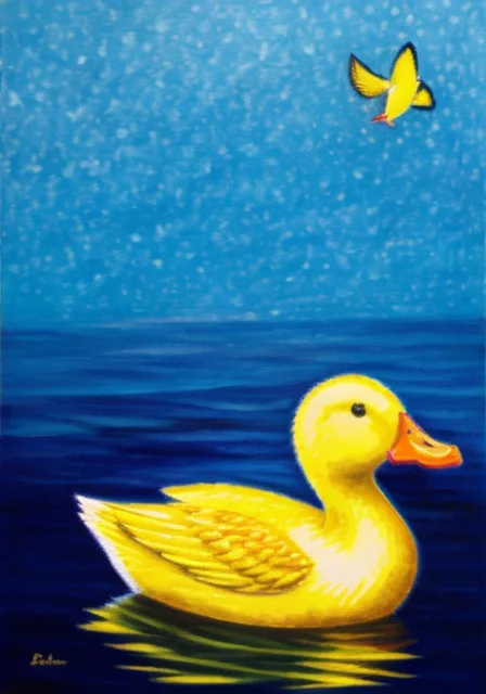 by alessandro pedrazzini <lora:alessandropedrazzini_v1.0c:1>, yellow duck floating on water