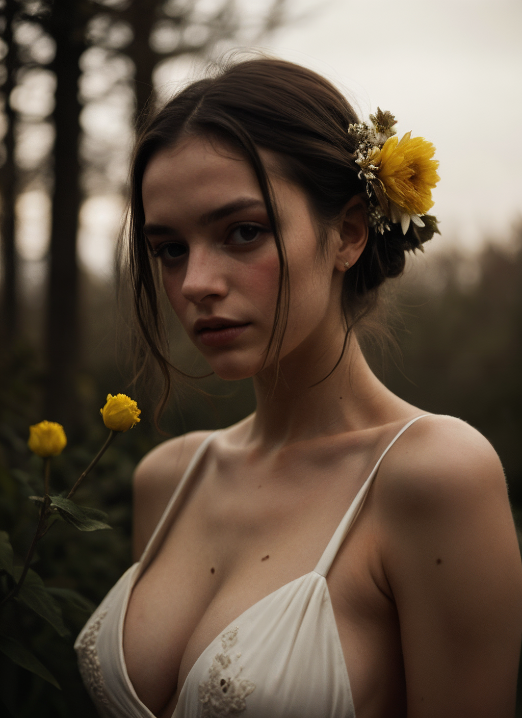 portrait of a woman with flower pellets in her hair, in the style of dark romanticism, marta bevacqua, dark yellow and dark white, naturalistic figures, fairycore, strong chiaroscuro