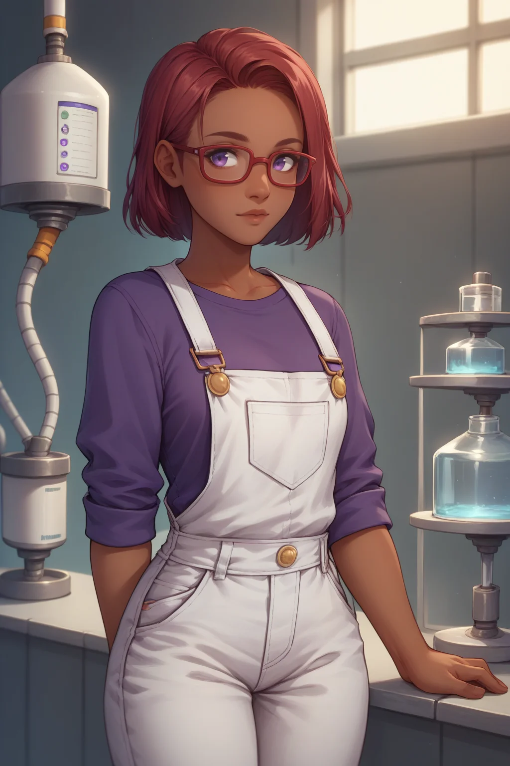 score_9, score_8_up, 1girl, solo, <lora:NSMaruStardew:1> NSMaruStardew, red hair, medium hair, dark skin, purple eyes, glasses, overalls, purple shirt, laboratory