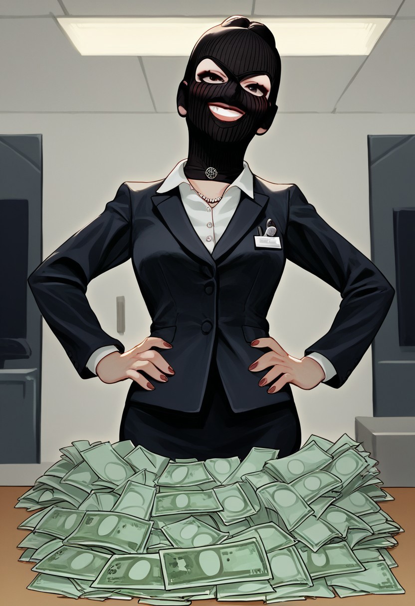 score_9, score_8_up, score_7_up,
source_anime,uncensored,
BREAK 
1girl,office lady,
threeholkn1tskimask,three holes knit ski mask,black mask,
smile,
hands on hip,
indoor,bank,
cashmoney,green paper money,