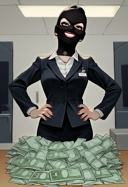 score_9, score_8_up, score_7_up,
source_anime,uncensored,
BREAK 
1girl,office lady,
threeholkn1tskimask,three holes knit ski mask,black mask,
smile,
hands on hip,
indoor,bank,
cashmoney,green paper money,