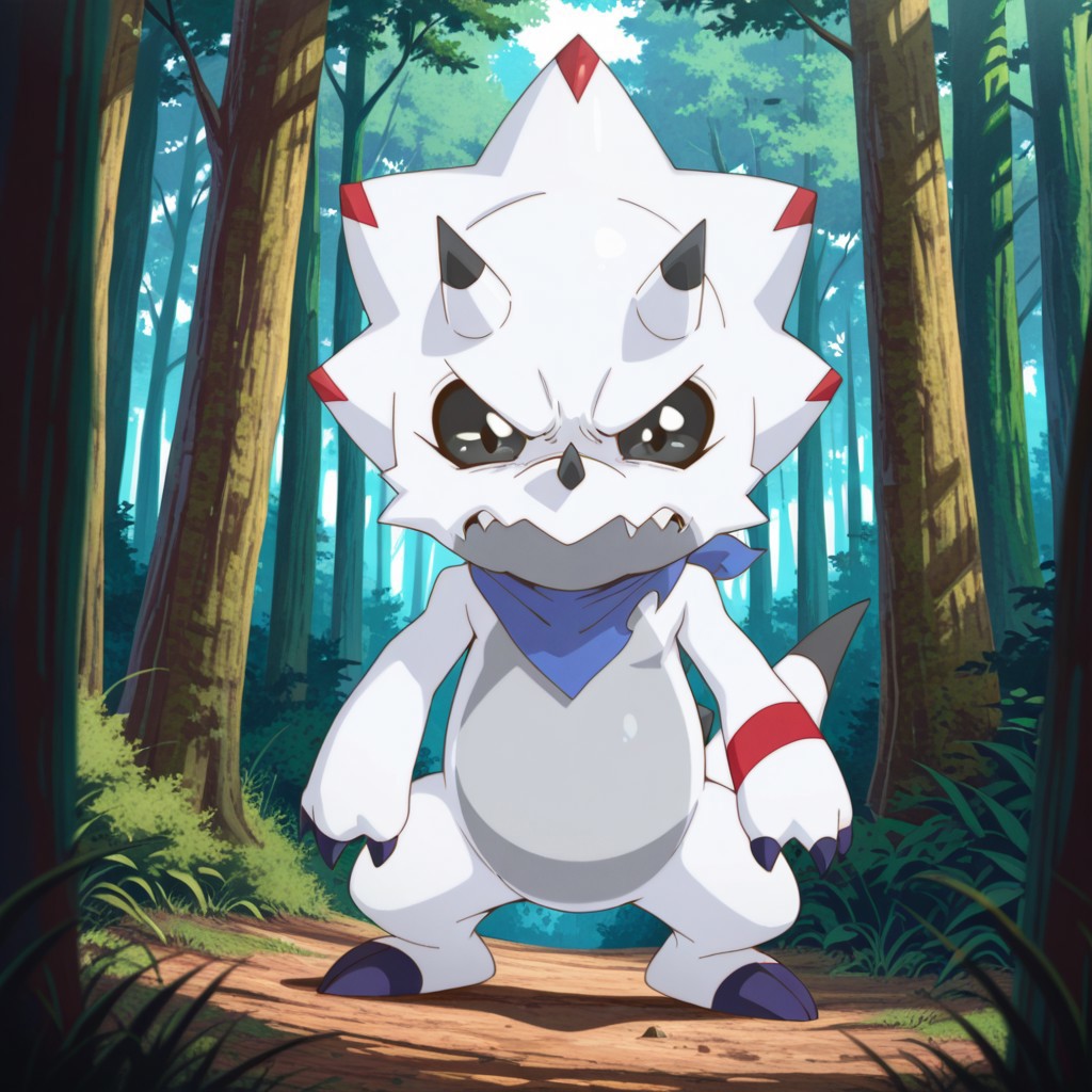 ((masterpiece, best quality, amazing quality,))  GammaGil, semi-anthro, Gammamon, ceratopsian, white skin, black eyes, black sclera, blue neckerchief, horns, nose horn, tail,standing, in a forest, angry, solo, full body
