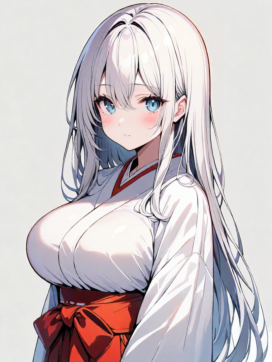 masterpiece,ultra-detailed,best quality,8K,illustration,cute face,clean skin ,shiny hair,solo,woman,large breasts,ultra-detailed-eyes,simple background,  <lora:miko_XL_illustrious_V1.0:1> jyojifuku, miko