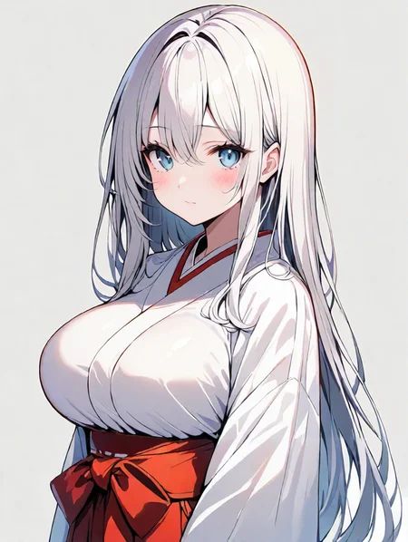 masterpiece,ultra-detailed,best quality,8K,illustration,cute face,clean skin ,shiny hair,solo,woman,large breasts,ultra-detailed-eyes,simple background, <lora:miko_XL_illustrious_V1.0:1> jyojifuku, miko