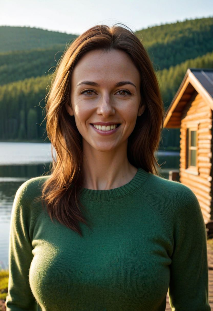 (Closeup:3.0), insanely attractive and 30 year old woman by a cabin in the woods by a lake wearing a tight green crew neck sweater, sunrise, (attractive face:1.2), (slim body:1.3), medium length brown hair, (large breasts:1.4), (seductive:1.4), smiling