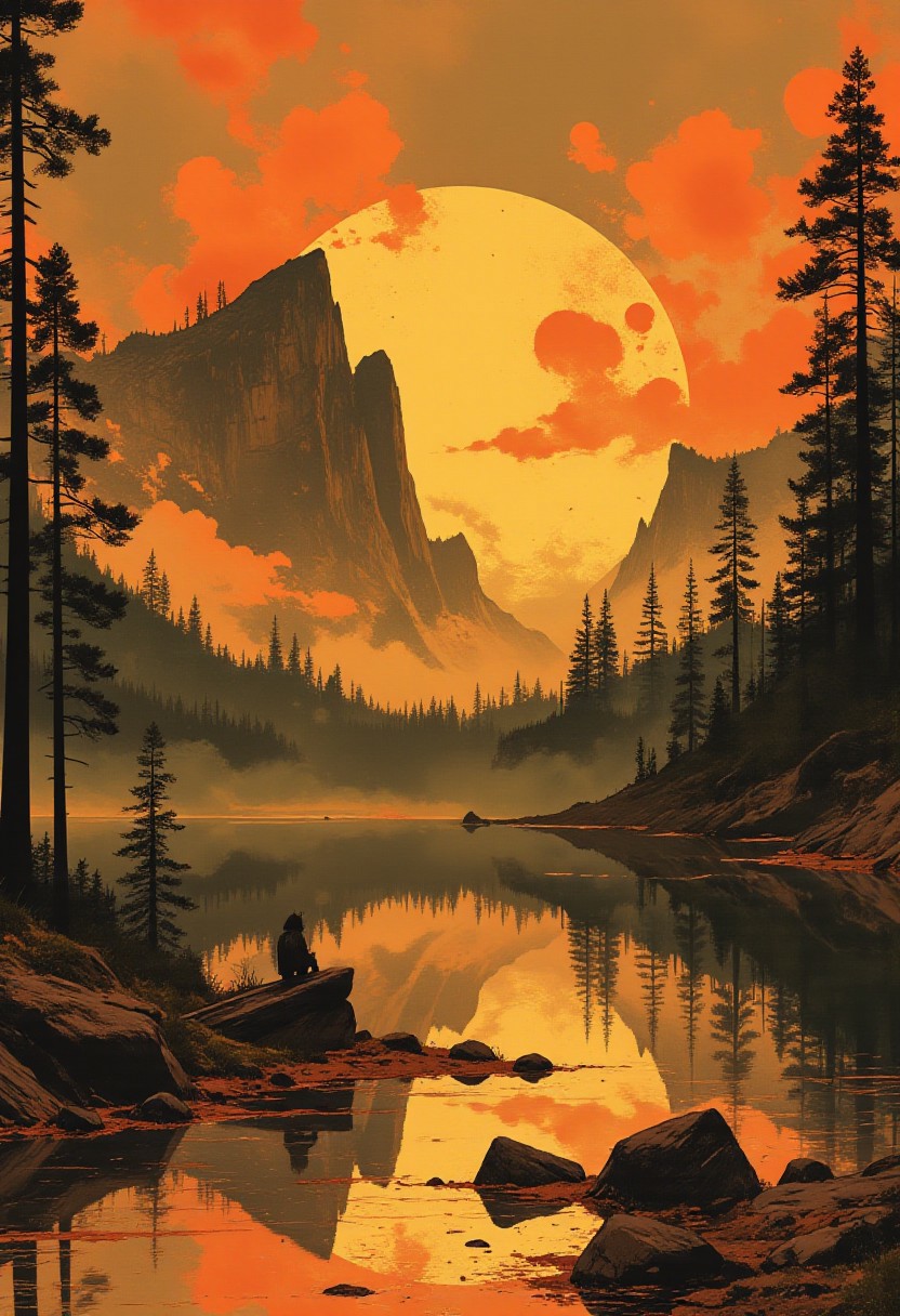 In the style of ff-td, nistyle, Silhouette Art, magnificent, Inkplash art on rice paper, sepia, henna , Silhouette Art, magnificent, inksplash, sunset, calm lake, reflection, forest trees, canyon, scenery, no humans