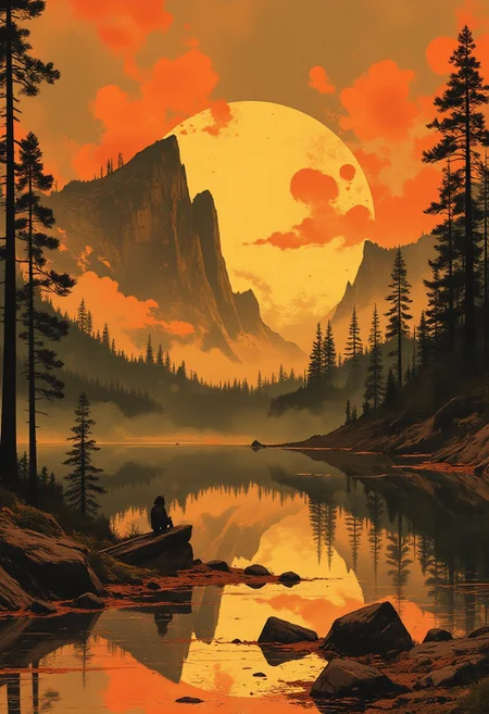 In the style of ff-td, nistyle, Silhouette Art, magnificent, Inkplash art on rice paper, sepia, henna , Silhouette Art, magnificent, inksplash, sunset, calm lake, reflection, forest trees, canyon, scenery, no humans