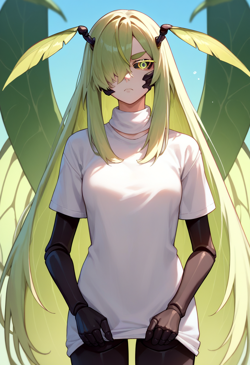 score_9, score_8_up, score_7_up, source_anime, solo, 1girl, juniperactias, arthropod girl, colored skin, extra arms, unamused, looking at viewer, shirt tug, long hair, hair over one eye, antennae, colored sclera, white shirt, bottomless, wings <lora:oc_juniperactias_ponyXL:1>