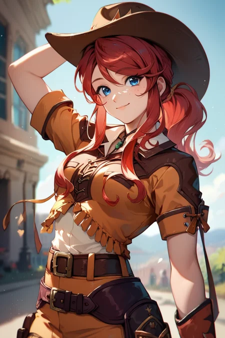 score_9, score_8_up, score_7_up, very aesthetic, source_anime, detailed, high quality, beautiful, masterpiece, detailed eyes,
cityscape, blurry background,
<lora:lightXL:0.8>
cowboy shot, upper body,
adjusting headwear, light smile, mouth closed,
<lora:gemini_autismConfetti_v01:0.9>gemini sunrise, red hair, ponytail, blue eyes, freckles, sidelocks,
belt, thigh strap, cowboy hat, cowboy boots, fringe trim, gloves, miniskirt, short sleeves,, zPDXL