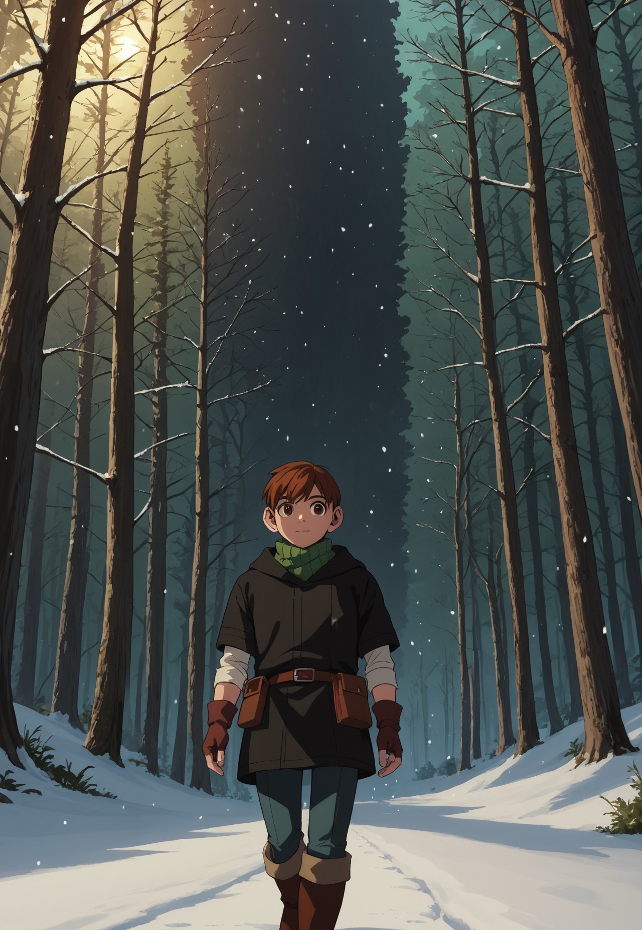 safe_pos, score_9, score_8_up, score_7_up, masterpiece, best quality, very aesthetic, absurdres, amazing quality, high resolution, ultra-detailed, volumetric lighting, newest, scenery, 1boy, solo, male focus, halfling, brown hair, short hair, brown eyes, CloakChil, green neck warmer, black hooded cloak, hood down, white shirt, brown belt, belt pouch, brown fingerless gloves, blue pants, brown leather boots, snow, snowing, walking, tundra, forest, perspective