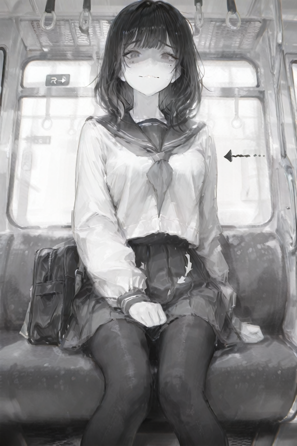 masterpiece,best quality,amazing quality,very aesthetic,absurdres,newest,highres,usnr,1girl,solo,looking at viewer,arrow (symbol), bag, blush, closed mouth, comic, facing viewer, feet out of frame, greyscale, mole, monochrome, neckerchief, pantyhose, sailor collar, school bag, school uniform, serafuku, shaded face, sitting, solo, train interior, wavy mouth,<lora:ponyv5_noobV065S_1_adamW:0.5>,<lora:USNR STYLE_XL_loha:0.7>,<lora:illustrious_all_rated_v1:0.7>,<lora:spo_sdxl_10ep_4k-data_lora_webui:0.6>,<lora:illustrious_best_quality_v1:0.7>,<lora:akaforill:0.7>,